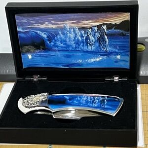 Blue and Silver Folding Knife with Horse Design